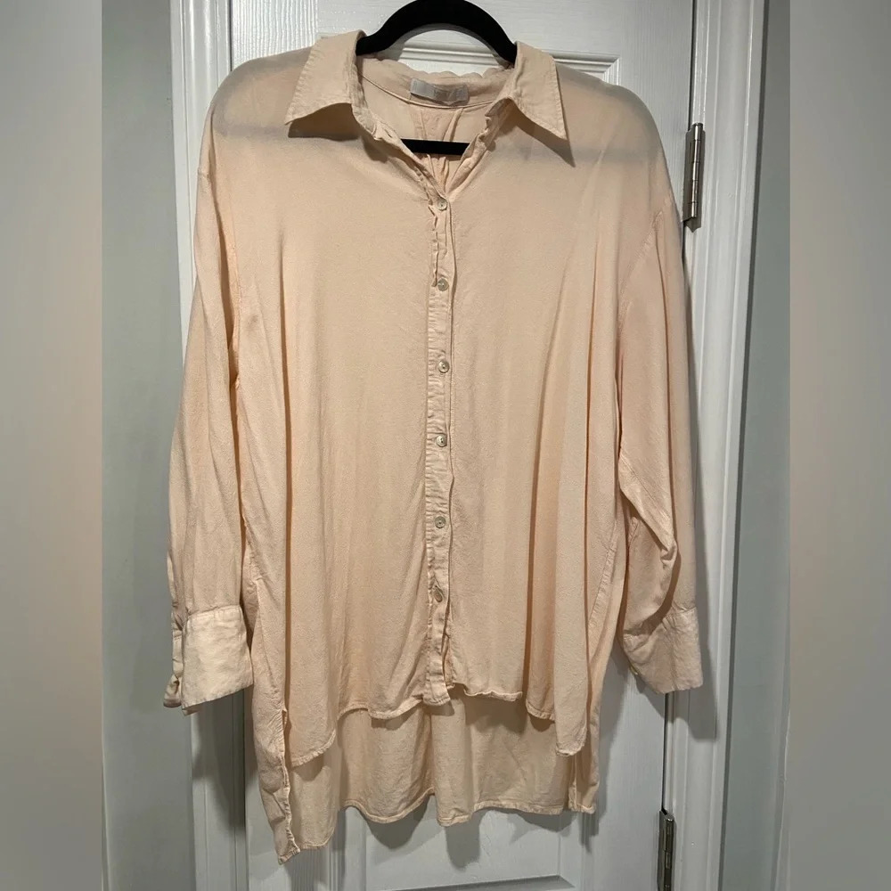 MNG Premium Mango Pink Flowy Button Down Collared Tunic Hi Low Hem Top Size 8